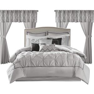 Madison Park Essentials Room in a Bag Faux Silk Comforter Set - Luxe Diamond Tufting All Season Bedding, Matching Curtains, Decorative Pillows, Grey Cal King(104"x92") 24 Piece