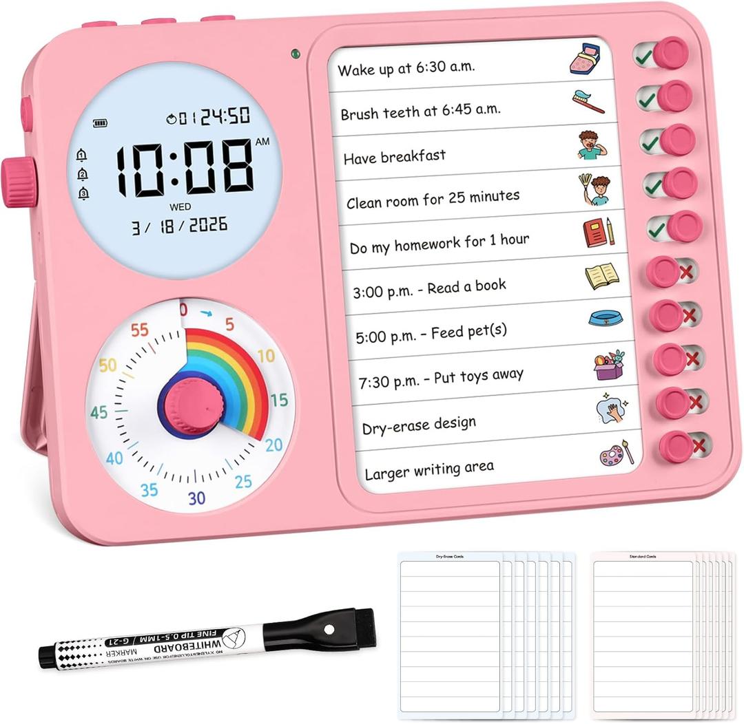 3-in-1 Visual Timer & ADHD Tool for Kids ADHD Task Timer for Adults with Visual Schedule, Chore Chart & Planning Board for Home, School, Classroom, Work (Pink)