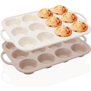 Vinino 2Pack Silicone Muffin Pans for Baking with Metal Reinforced Frame, 12 Cups Regular Size Nonstick Silicone Cupcake Pan, BPA Free Oven Dishwasher Safe Baking Mold for Muffins Cupcakes (CR+BN & Standard: 122pcs)