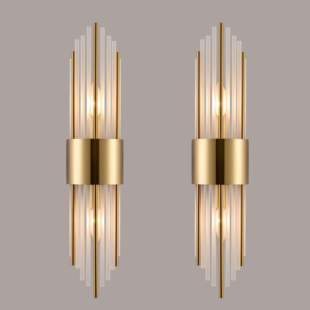 2-Light Modern Crystal Wall Sconces Titanium Gold Frosted Glass, 22.44 x 4.72 inches