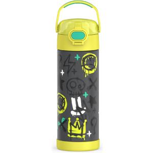 THERMOS FUNTAINER 16 Ounce Stainless Steel Vacuum Insulated Bottle with Wide Spout Lid, Graffiti Boy