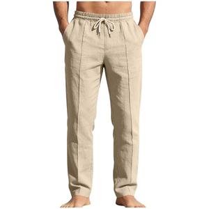 Men Linen Pants 2026 Fashion Drawstring Loose Fit Cotton Linen Pants Casual Lightweight Hawaiian Vacation Clothes Khaki M
