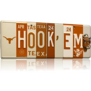 Texas Longhorns Hook Em Horns License Plate Sign - Metal Wall Art 16x6 Inch Aluminum - Burnt Orange White - SEC Fan Cave Dorm Room Decor UT - UV-Resistant Ready to Hang College Wall Sign