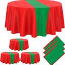 Oudain 6 Pcs Round Plastic Disposable Tablecloth 84 Inch Stain and Wrinkle Resistant Table Cover Tablecloths for Graduation Birthday Party Wedding Baby Shower Decoration(Green, Red)