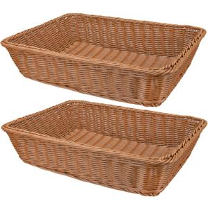 Yarlung 2 Pack Poly Wicker Woven Bread Basket, 15.7 Inch Rectangular Fruit Baskets Food Serving Holders for Vegetables, Home, Kitchen, Restaurant, Outdoor, Imitation Rattan Brown