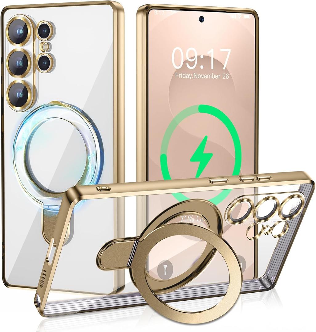 Magnetic Stand & Full Camera Lens Protector Case for Samsung Galaxy S25 Ultra[Compatible with MagSafe][Military Drop Protective]Not Yellowing Clear Slim Soft S25 Ultra Phone Case for Women Men,Gold