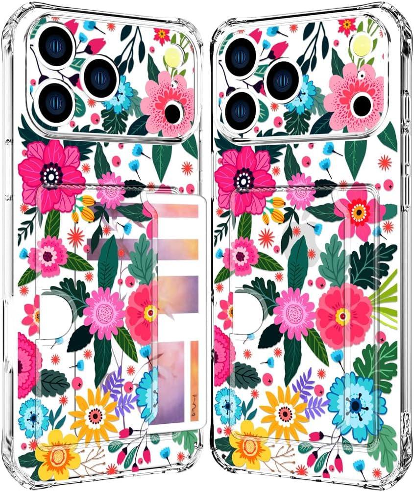 Compatible with iPhone 17 Pro Max Case Card Holder for Women Cute Design,Wallet Phone Cases Transparent Cool Kawaii Protective (Clear Floral Spring Blossom)