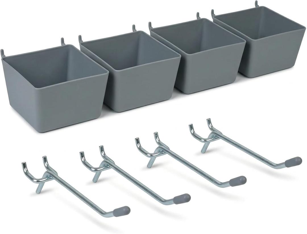 Pegboard Bins and Hooks Set, 4 Pack Open Front Storage Bins with 2 Inch Hooks, Small Parts Organizer Add-On for Screws, Nails, Tools, Garage Workshop Wall Storage