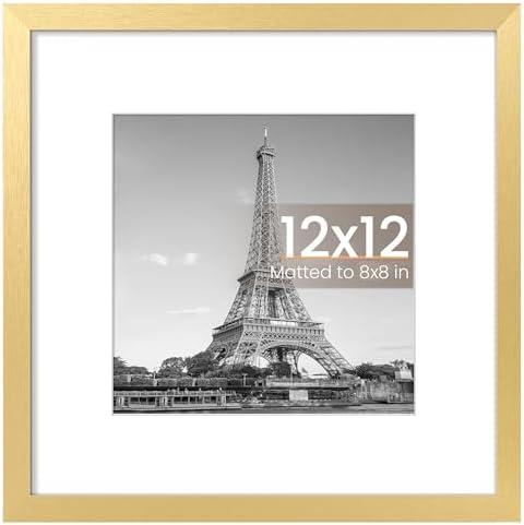 upsimples 12x12 Picture Frame, Display Pictures 8x8 with Mat or 12 x 12 Without, Wall Hanging Square Frames, Gold, 1 Pack