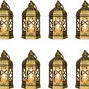 8-Pack Mini Lanterns with Flickering LED Candles for Ramadan, Small Decorative Hanging Lanterns for Halloween, Christmas, Wedding, Gold Lantern for Table Centerpiece, Garden Party Decor