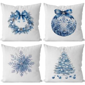 IWXYI Blue Chinoiserie Christmas Pillow Covers 18x18, Grandmillennial Christmas Decor, Winter Xmas Tree Wreath Ball Snowflake Decorative Throw Pillow Covers for Bedroom Living Room Home, Set of 4