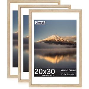 20X30 Poster Frame, Display Pictures 18X24 with Mat or 20X30 Without, Wall Hanging Frames, Natural Oak, 3 Pack