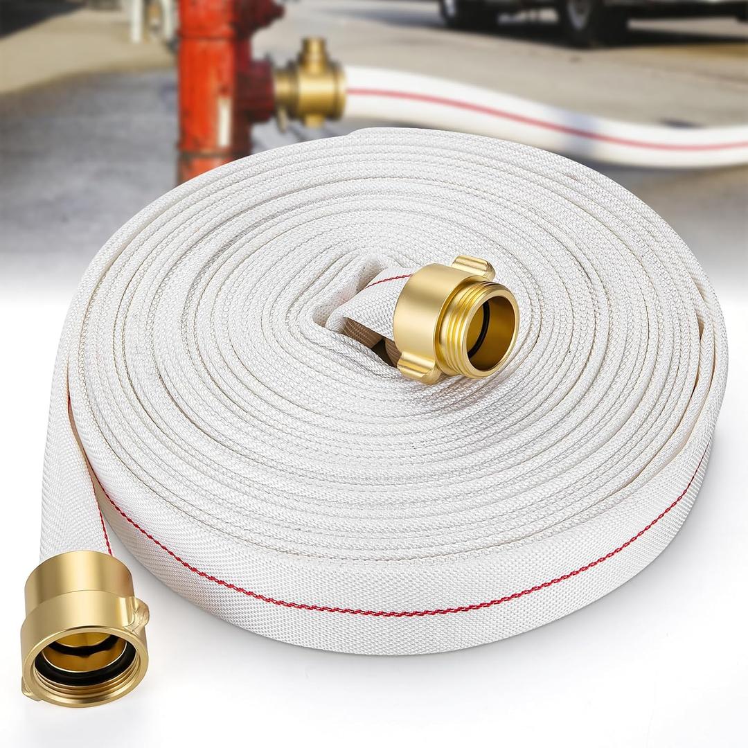 1-1/2" ID Fire Hose, 100Ft Single Jacket TPU Lay Flat Hoses with Brass NST/NH Couplings, 250 PSI Working/750 PSI Burst, All-Weather Firefighter Hose for Fire Cabinets