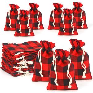 SULOLI 24PCS Christmas Buffalo Plaid Drawstring Bags, Xmas Burlap Washable Cotton Bag for Candy Goodie Holiday Favors (1)
