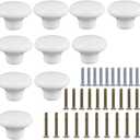 10 Pack Ceramic Round Style Cabinet Knobs Cute Cupboard Door Knobs Drawer Dresser Pull Handles with 3 Kinds of Screws (White)