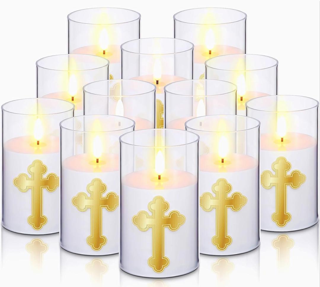 Baquler 12 Pcs Flameless LED Devotional Prayer Candle Easter Cross Flameless Candle Battery Powered 7 Day Sanctuary Candlestick Easter Religious Decoration for Church Hospital Home Altar 35 Inch