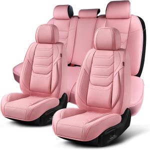 TIEHESYT Car Seat Covers Full Set, Breathable Leather Automotive Front and Rear Seat Covers, Car Seat Protectors Full Set, Compatible with Most Vehicles, SUV (Cute Pink, Front Pair and Rear)