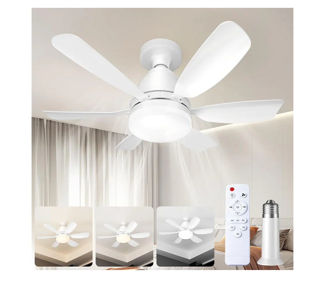Hywyimlait Socket Ceiling Fans with Lights and Remote, Dimmable LED Fan Lights for Bedroom, Kitchen, Living Room, Closet, 3 Colors 3000K-6500K, 2000 Lumens Light Bulb Screw in Ceiling Fan 17in