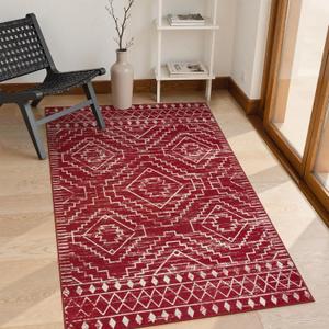 Wonnitar Moroccan Washable 3x5 Rug for Living Room, Non-Slip Chrisrmas Rug for Entryway, Low Pile Soft Farmhouse Area Rug for Bedroom Entry Kitchen Basement (Red,3'x5')