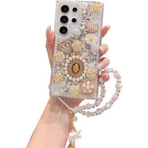 iFiLOVE for Samsung Galaxy S25 Plus/S24 Plus Bling Diamond Case with Flower Strap, Luxury Sparkle Glitter Crystal Rhinestone Pearl Love Rose Wristband Bracelet Case Cover for Girls Women (White)