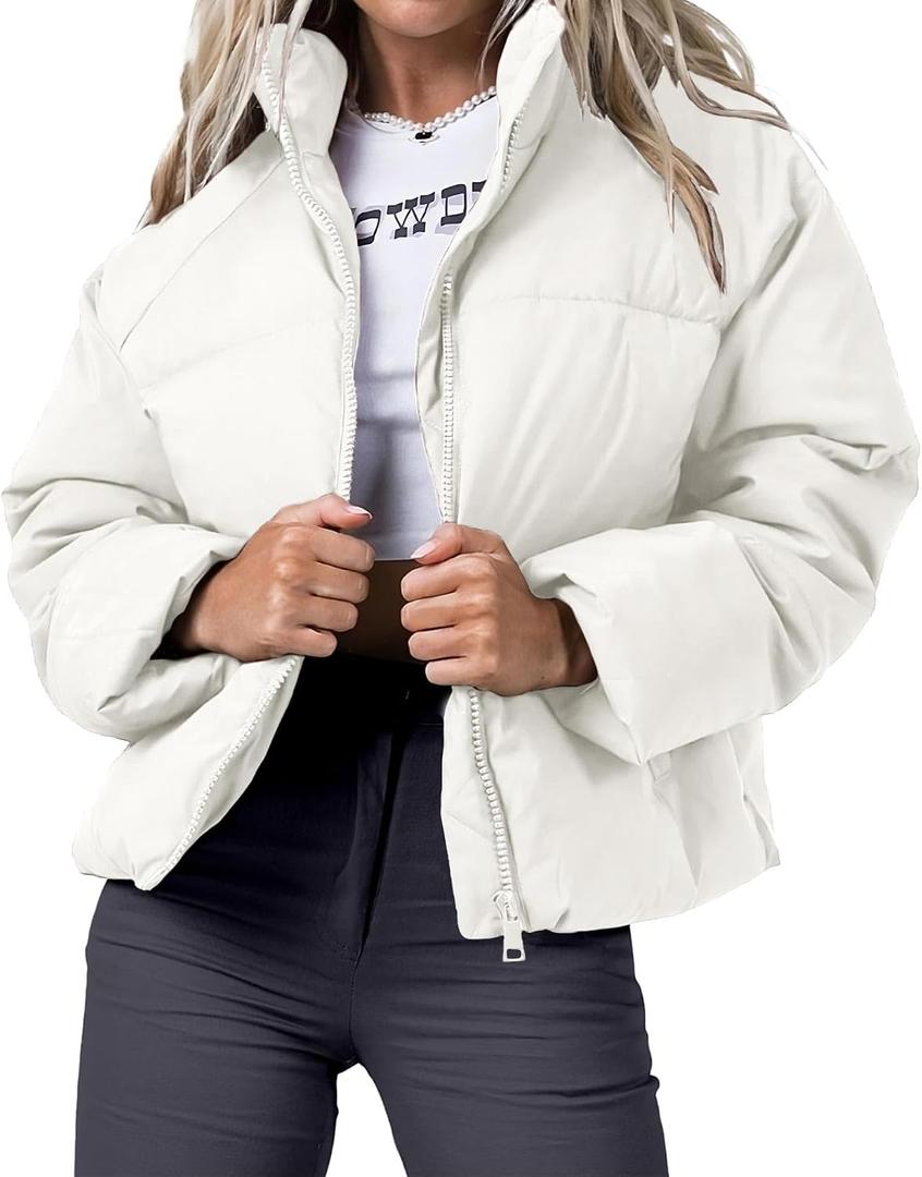 Women's Winter Cropped Puffer Jacket 2023 Long Sleeve Lightweight Zip Short Jacket Coat with Pockets (White, M)