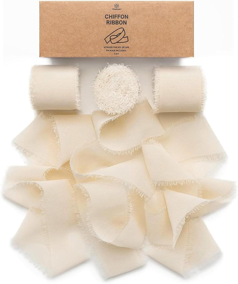 Vitalizart Light Nude Handmade Chiffon Silk Ribbon Fringe 3 Rolls 1.5" x 21 Yd Beige Frayed Edges Ribbons for Wedding Invitations Bridal Bouquets Gifts Wrapping Crafts Holiday Decor