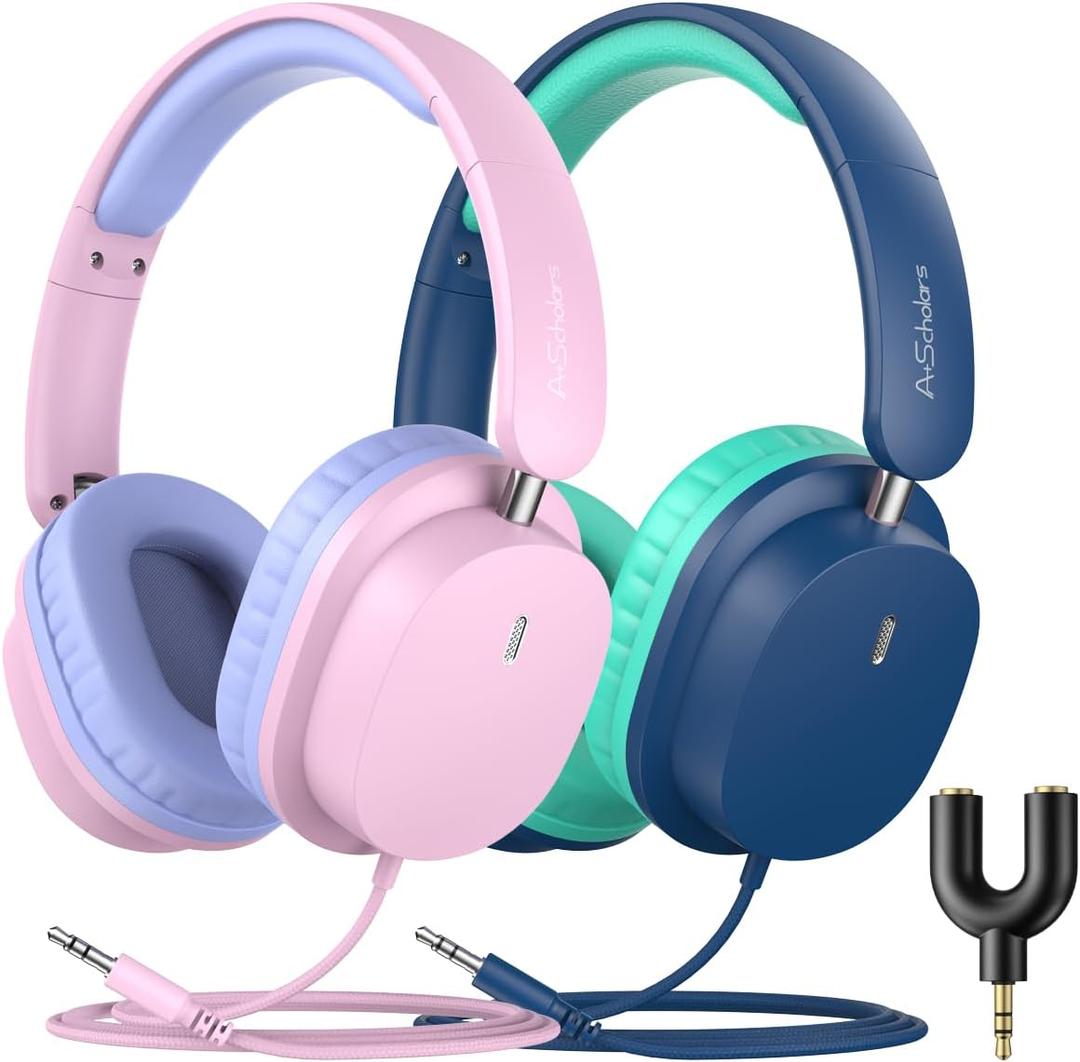 2 Pack Kids Headphones with Sharing Splitter, Stereo Sound Over-Ear Wired Headphones for Kids, Comfortable Fit, Foldable,Tangle-Free 3.5mm Jack Heaphones for School Tablet/Laptop/Computer (Blue+Pink)