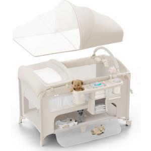 4 in 1 Baby Bassinet, Pack and Play, Bedside Crib Sleeper, Diaper Changer - Comes with Mattress, Mosquito Net, Bottom Storage and Toy Bar for Newborn to Toddles (Beige)