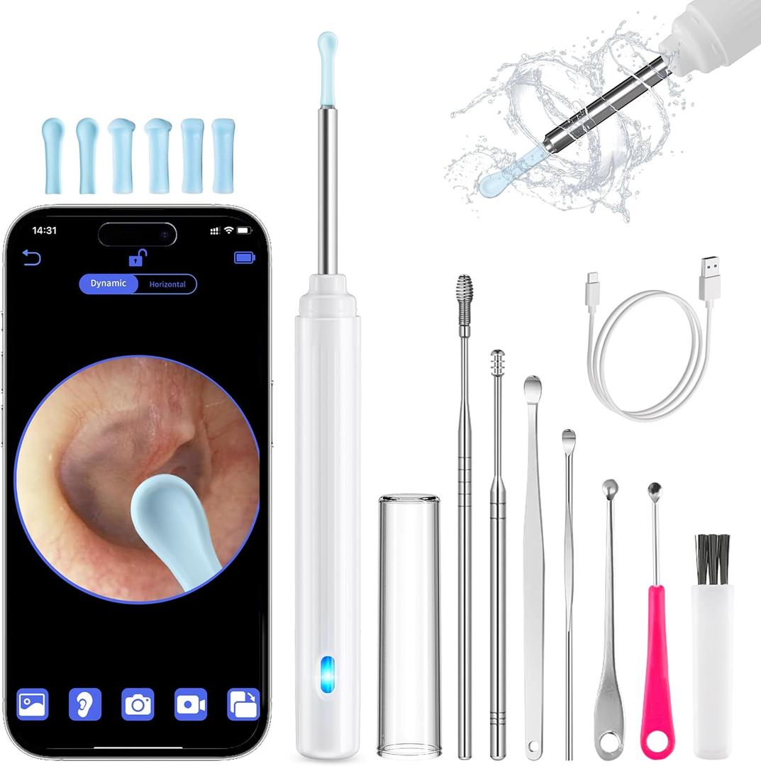 Ear Wax Removal Tool Camera, Ear Cleaner with Camera, Ear Cleaning Kit 1296P HD Ear Scope, 6 LED Lights and 6 Ear Picks, Earwax Removal with Otoscope to Earify Earwax for iOS and Android (White)