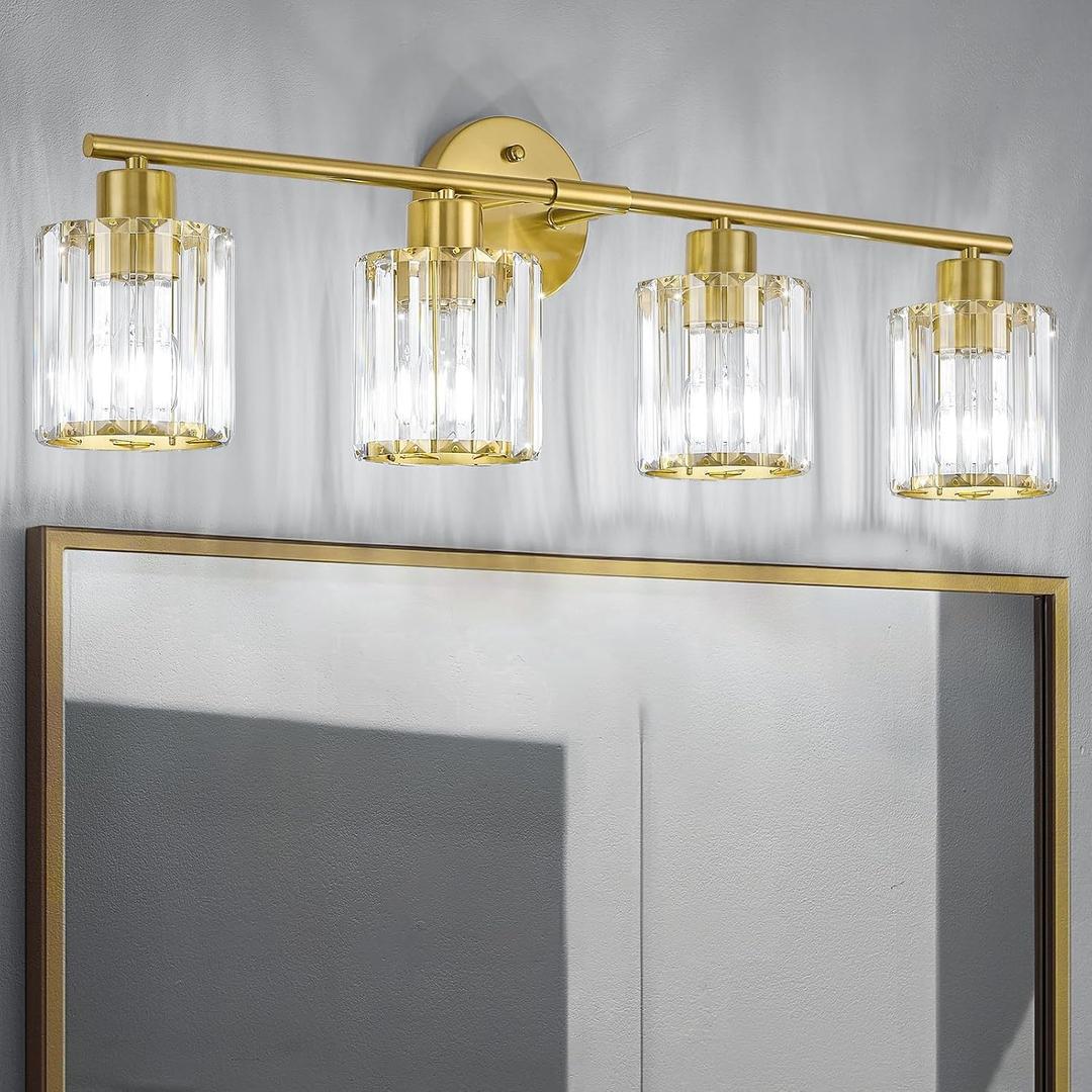 Crystal Bathroom Light Fixtures, Bathroom Lighting Fixtures Over Mirror, Modern 4-Light Gold Vanity Lights for Mirror, Restroom, Kitchen(Ceramic E26 Socket, Bulbs Not Include)