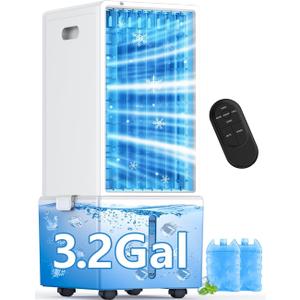 4-IN-1 Windowless Air Conditioner Portable w/3.2-Gal Tank for 30H Cooling, 4 Speeds &4 Modes, Waterless Alert System Swamp Cooler, LED Touch & Remote,12H Timer, Evaporative Air Cooler for Room