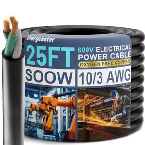 Energeaster 10 Gauge Wire,SOOW Bulk Cable-10 Gauge 3 Conductor-Rated for 600V, 30A -Water & Oil Resistant Cable for Industrial & Residential Use-Ideal for Generators,Circuits,Data Centers(25 Foot)