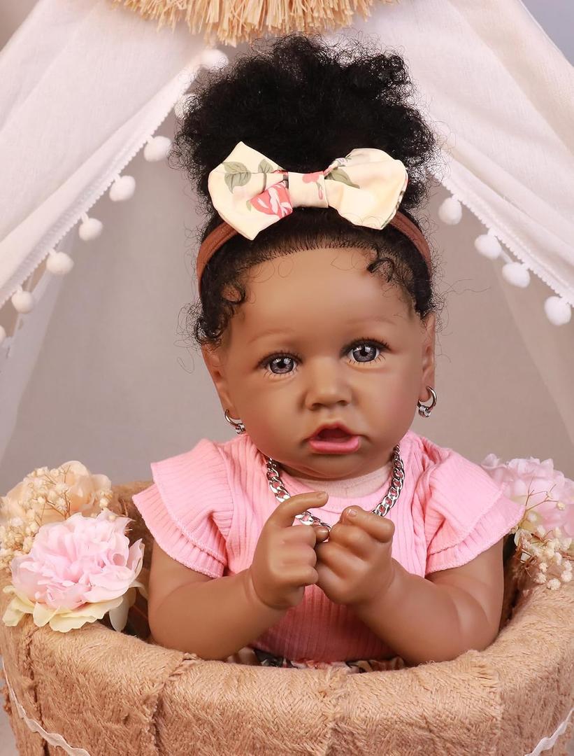 HOOMAI Lifelike Reborn Baby Dolls with Soft Body African American Realistic Girl Doll 22.8 Inch Best Birthday Gift Set