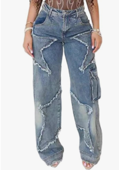 Women's Wide Leg Jeans High Waisted Star Patchwork Baggy Straight Denim Pants Streetwear Y2K, Size L
