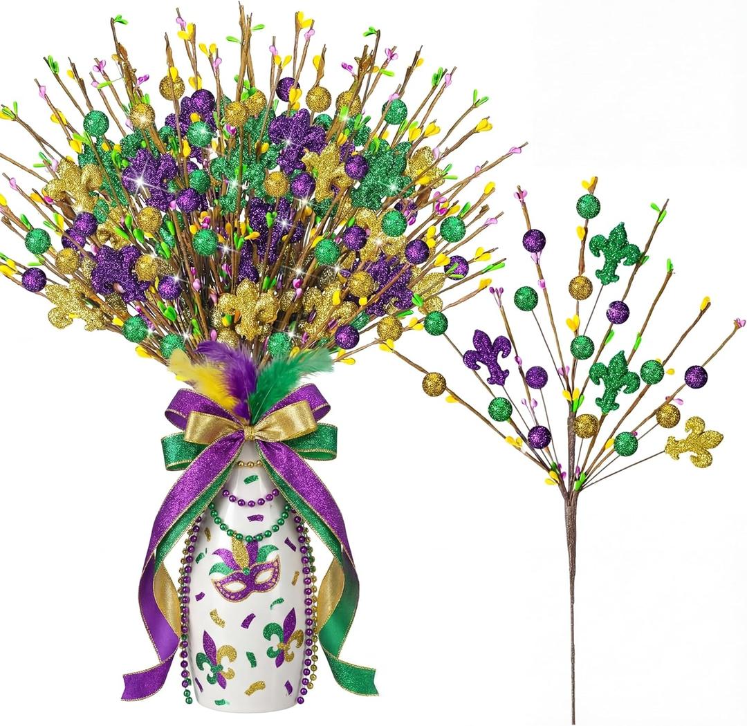 Zeyune 6 Pcs Mardi Gras Centerpiece Table Decor 16.5 Inch Mardi Gras Glitter Table Picks Carnival Purple Gold Green Tree Topper Picks Ornaments for Carnival Masquerade Party Decoration Vase Fillers