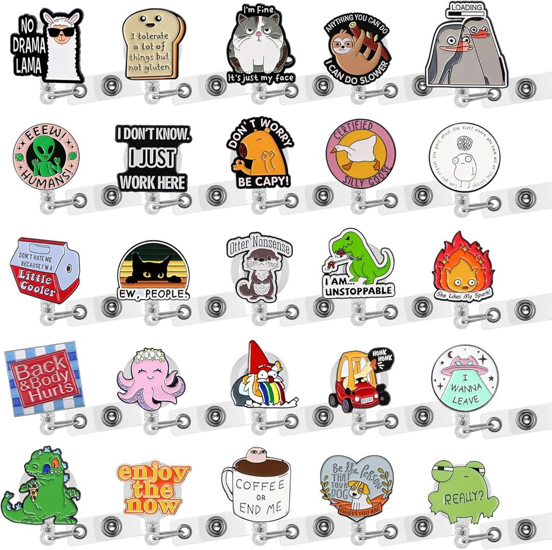 SOWPOPY 25 Pcs Funny Badge Reel Bulk Pack, Cute Nurse Badge Reel with Retractable Clip Decorative Name ID Work Badge Holder for CNA RN LPN MA Medical Healthcare Student Teacher Nursing Week Gifts