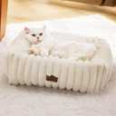 Bedsure Cute Dog Bed for Small Dogs & Cats - Washable Furry Puppy Beds, Rectangle Orthopedic Corduroy Fleece Pet Beds with Removable Zipper Cover, 20x19x6inches, Cream (20.0"L x 19.0"W x 6.0"Th)