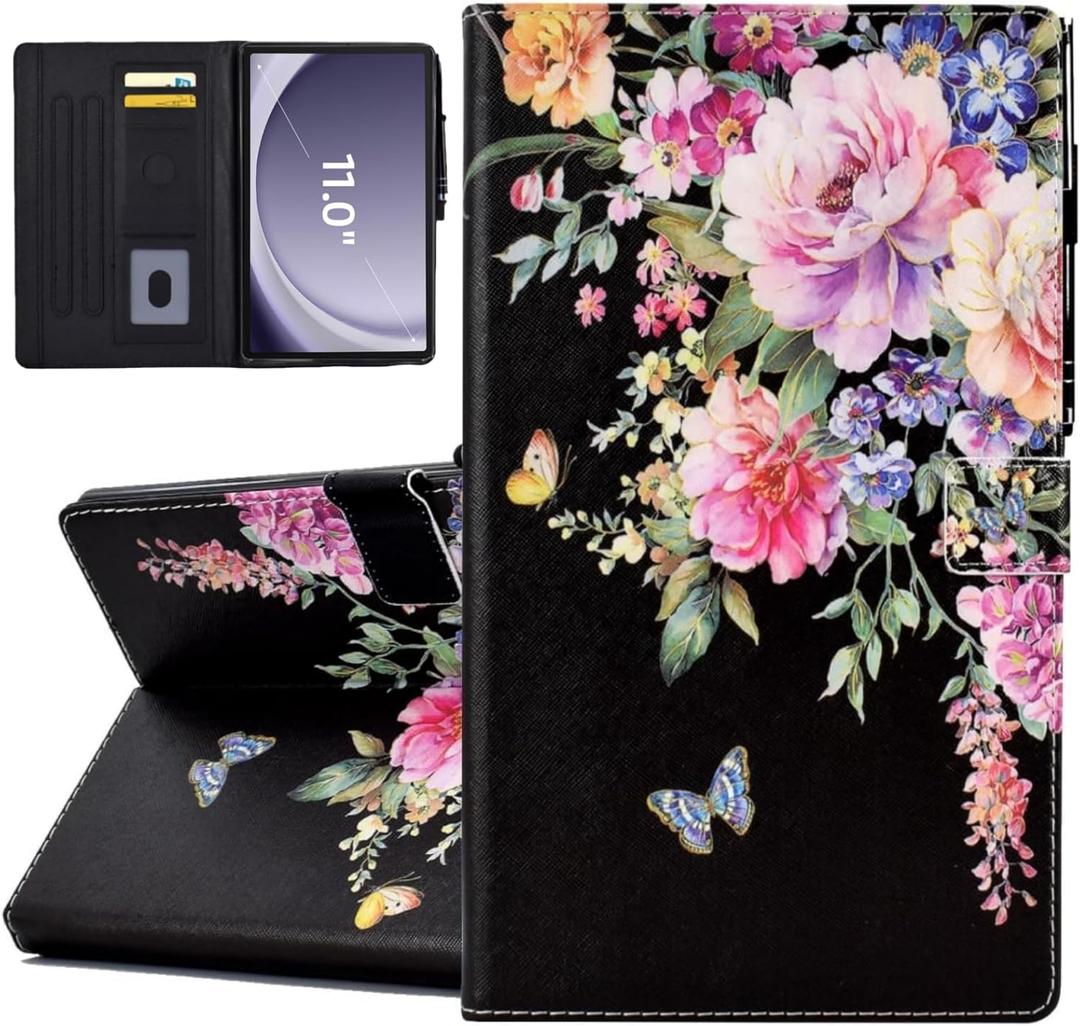 Case for Samsung Galaxy Tab A11+ Plus/A9+ Plus 11 Inch 2026/2024, Cute PU Leather Stand Protective Cover for Galaxy Tab A11+/A9+ Tablet, Auto Wake/Sleep - Flowers