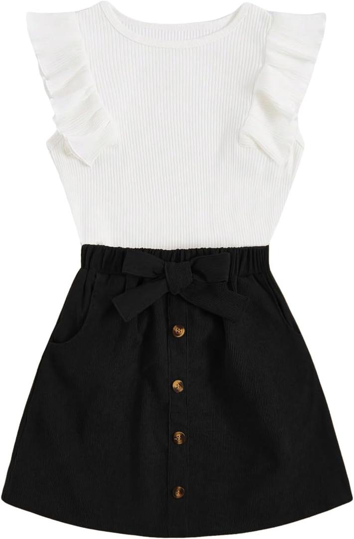 SHENHE 2pcs Girl's Skirt Outfits Ruffled Ribbed Cap Sleeve T Shirt and Button Down Tie Front Skirt Set White and Black 12 Years SHENHE 2pcs Girl's Skirt Outfits Ruffled Ribbed Cap Sleeve T Shirt and Button Down Tie Front Skirt Set White and Black 12 Years