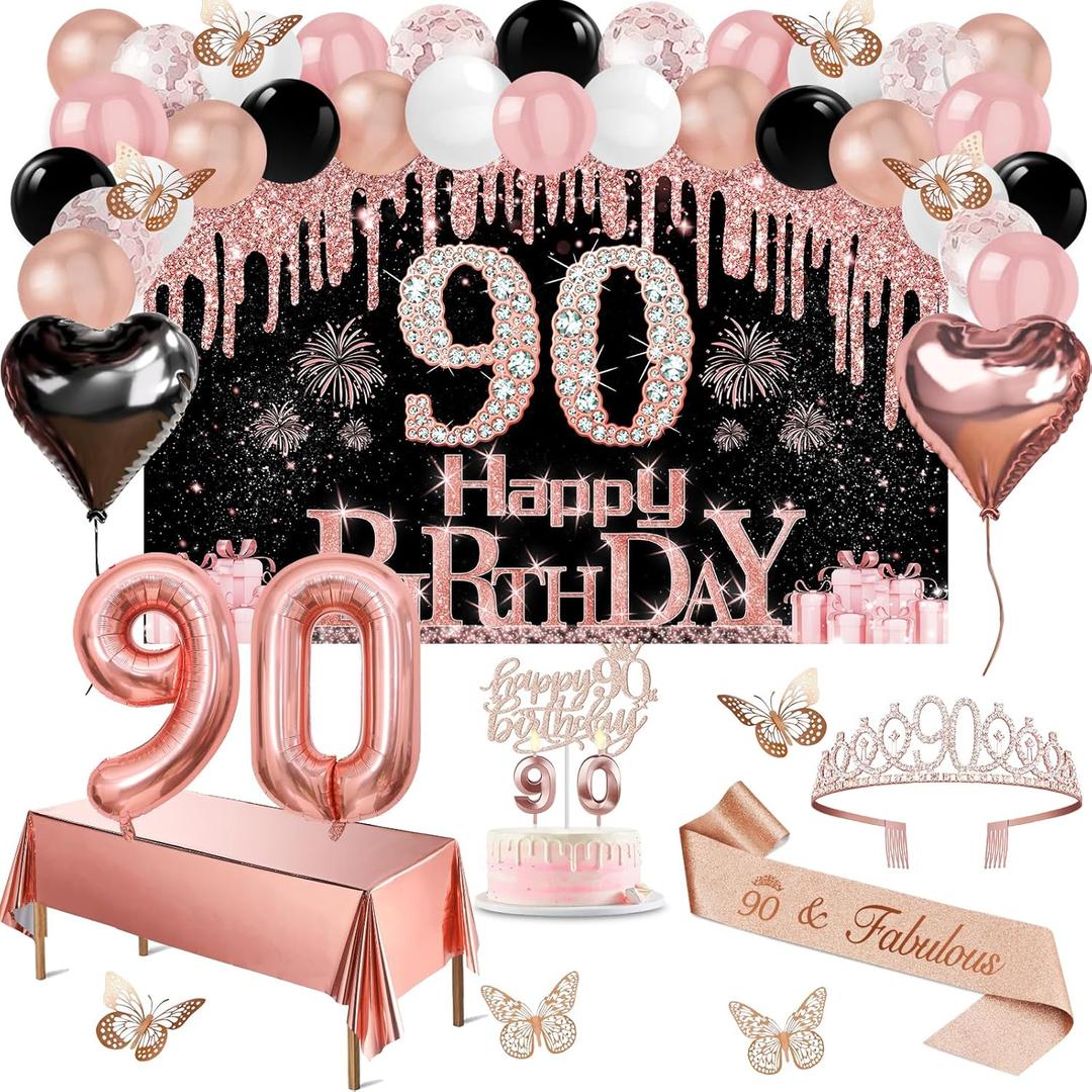 90th Birthday Decorations for Women, 49pcs Black Rose Gold Black Happy 90th Birthday Banner, Tablecloth, Butterfly Decor, Sash and Tiara, Cake Topper, Candles, Balloons Arch