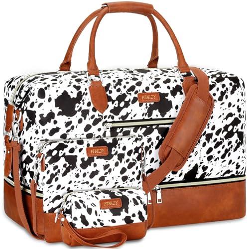Weekender Bag for Women, Travel Duffel Bag Carry On Overnight Bag with Shoe Compartment Large Nylon Travel Weekend Tote Bag, 5-Black Cow