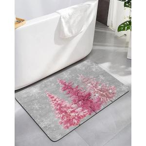 Abstract Christmas Tree Bath Mat for Bathroom Rugs Non Slip, Bath Mat Quick Dry Absorbent Bath Rug, Thin Rubber Backed Easy to Clean, Blush Pink Xmas Snowflake Grey 16"x24"