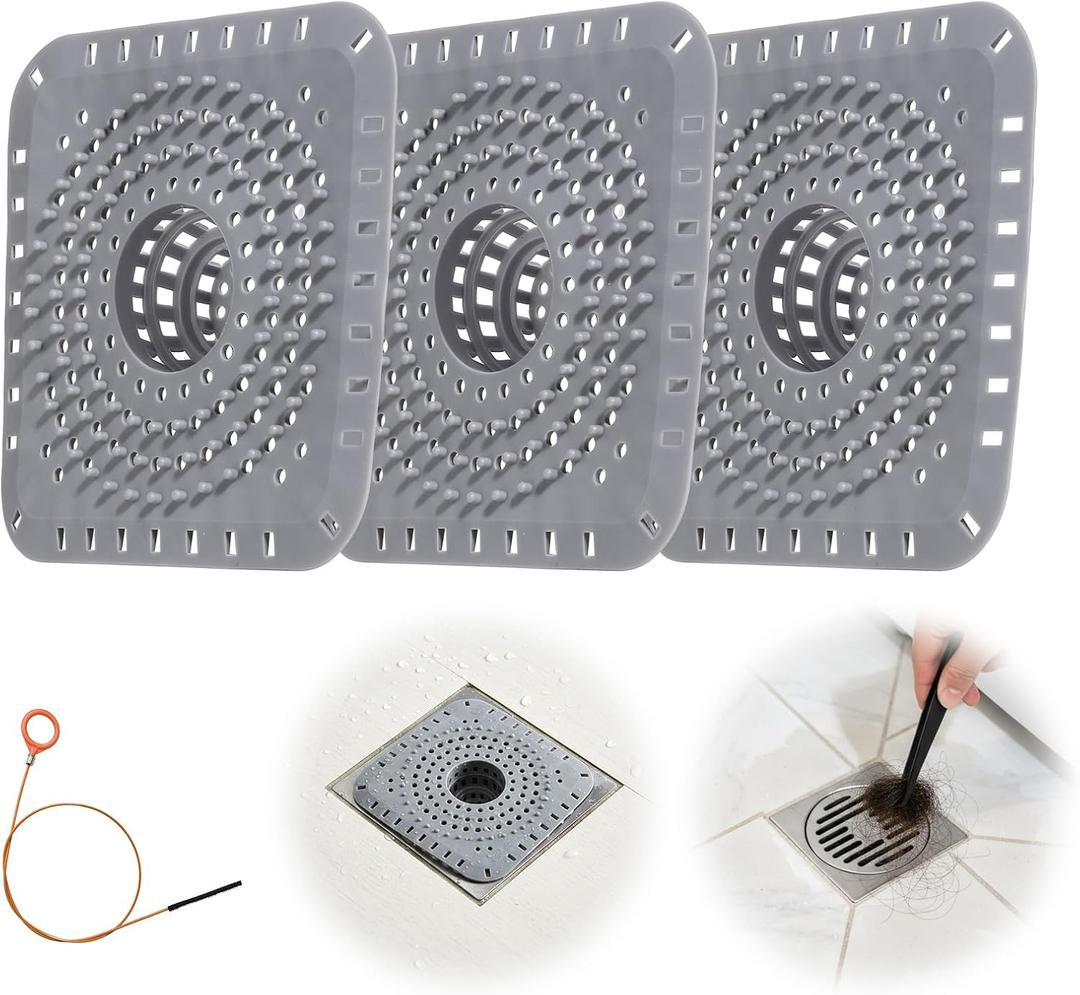 2 x Premium Silicone Shower Drain Cover Hair Catcher, 3 Pack with Clean-Out Tool & Drain Clog Remover, Bathroom Sink Strainer - Flexible & Durable for Tub Shower, Bath, Laundry