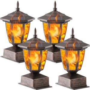 Dynaming 4 Pack Solar Flame Post Lights Outdoor, Solar Powered Lamps Fence Post Cap Lights, Flickering Flame LED Lantern Waterproof for Garden Deck Patio, Fit 4x4, 5x5 or 6x6 Wooden Posts, Bronze