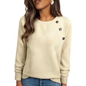 BLENCOT Crewneck Sweatshirt Long Sleeve Pullover Textured Fall Blouse Comfy | Button Business Casual Winter Blouse Loose Fit Oversized Shirts Outfits For Women Comfy Workout Tops Raglan Trendy Cozy Solid (Beige, XL)