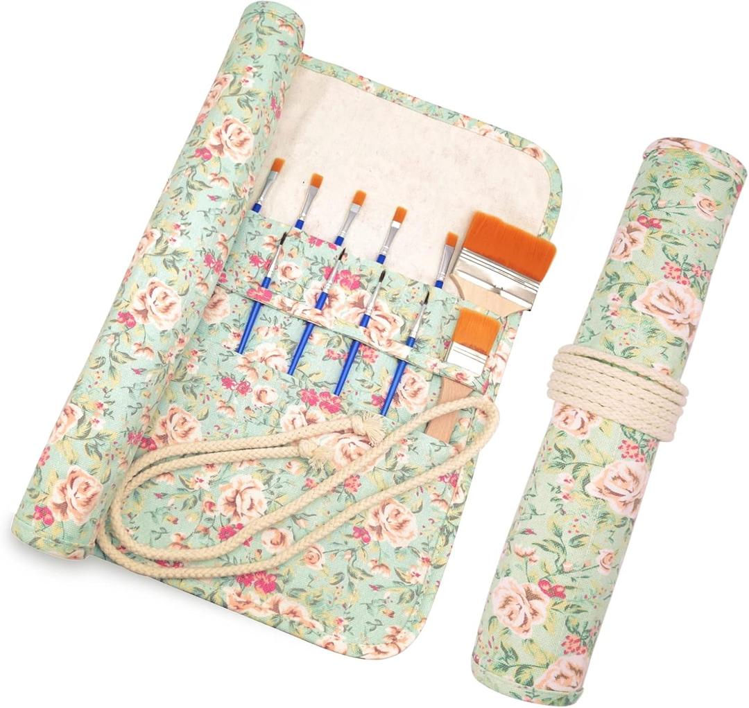 Funny live Paint Brush Holder Art Supplies, Artist Brush Holder & Storage Organizer Roll-Up Case Bag, Protect Acrylic Oil Watercolor Paintbrushes (Pink Rose 20 Slot Pockets)