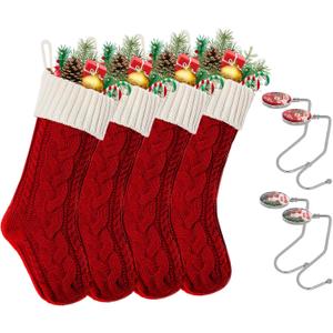 Christmas Stockings,18 Inches Large Cable Knitted Xmas Stocking for Family Holiday Fireplace Decoration(4pc Red-White)