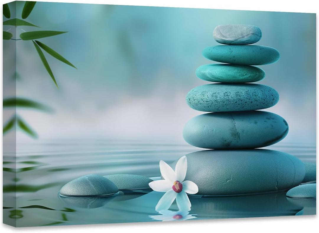 DOARTDO Zen Canvas Wall Art Teal Wall Decor Spa Water Pictures Zen Stone Bathroom Decor White Flowers Prints for Meditation Yoga Spa Artwork Framed (16.00" x 24.00")