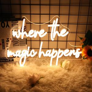 Where The Magic Happens Neon Sign Led Light Up Signs for Wall Decor Usb Powered Letter Neon Light Signs for Bedroom Wedding Decor Birthday Party Shop Man Cave 22 x 13''(Warm White)