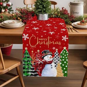 Blue Snowman Christmas Tree Snowflake Burlap Table Runner 70 Inches Long, Black Check Pine Tree Non-Slip Kitchen Table Runners for Dining Room Party Holiday Table Decorations (Blue Gray White)